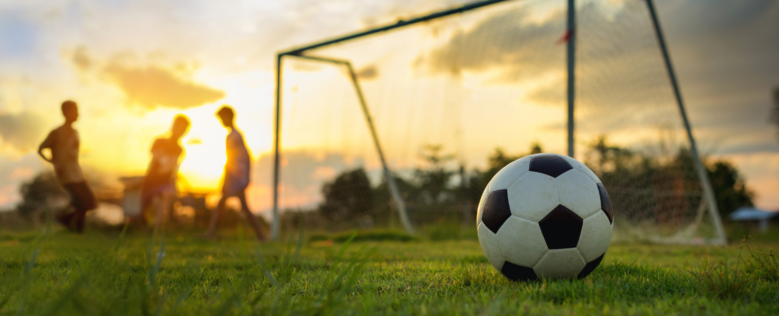 Soccer field with 3 kids, ball and net posts with a sunset background.